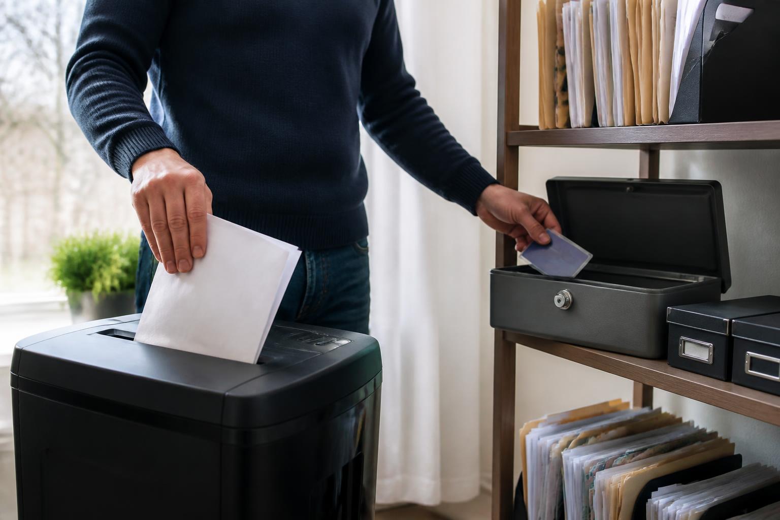 A person shredding old mail beside a locked file box.