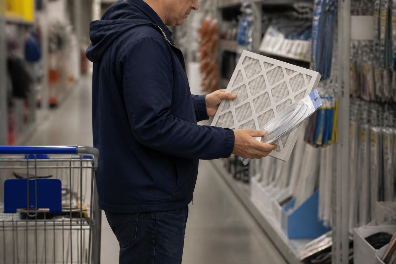 A homeowner comparing energy-saving supplies in a hardware aisle.