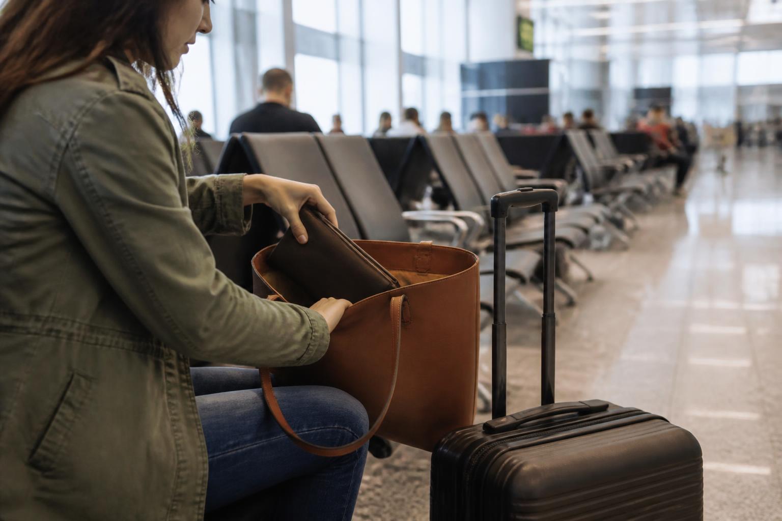 A traveler repacking a carry-on in an airport terminal.