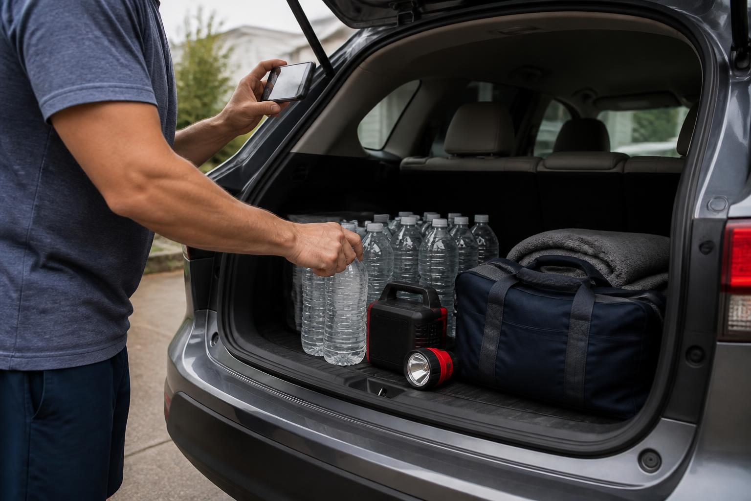 A person loading a storm kit into a car trunk.