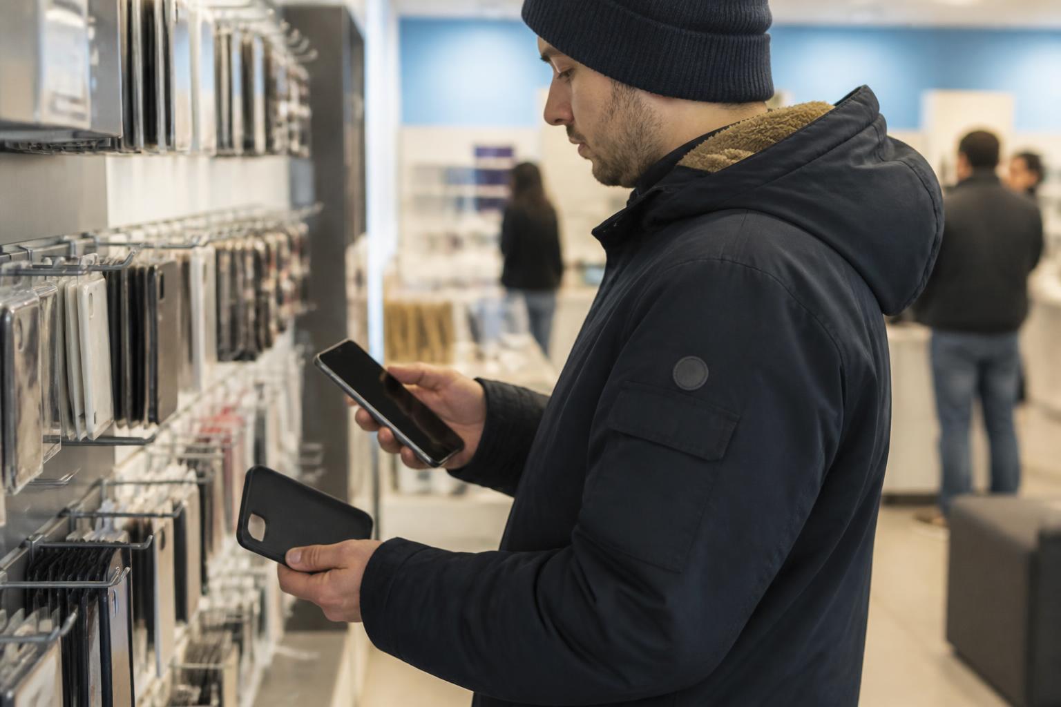 A customer inspecting a phone case in a wireless-service area.