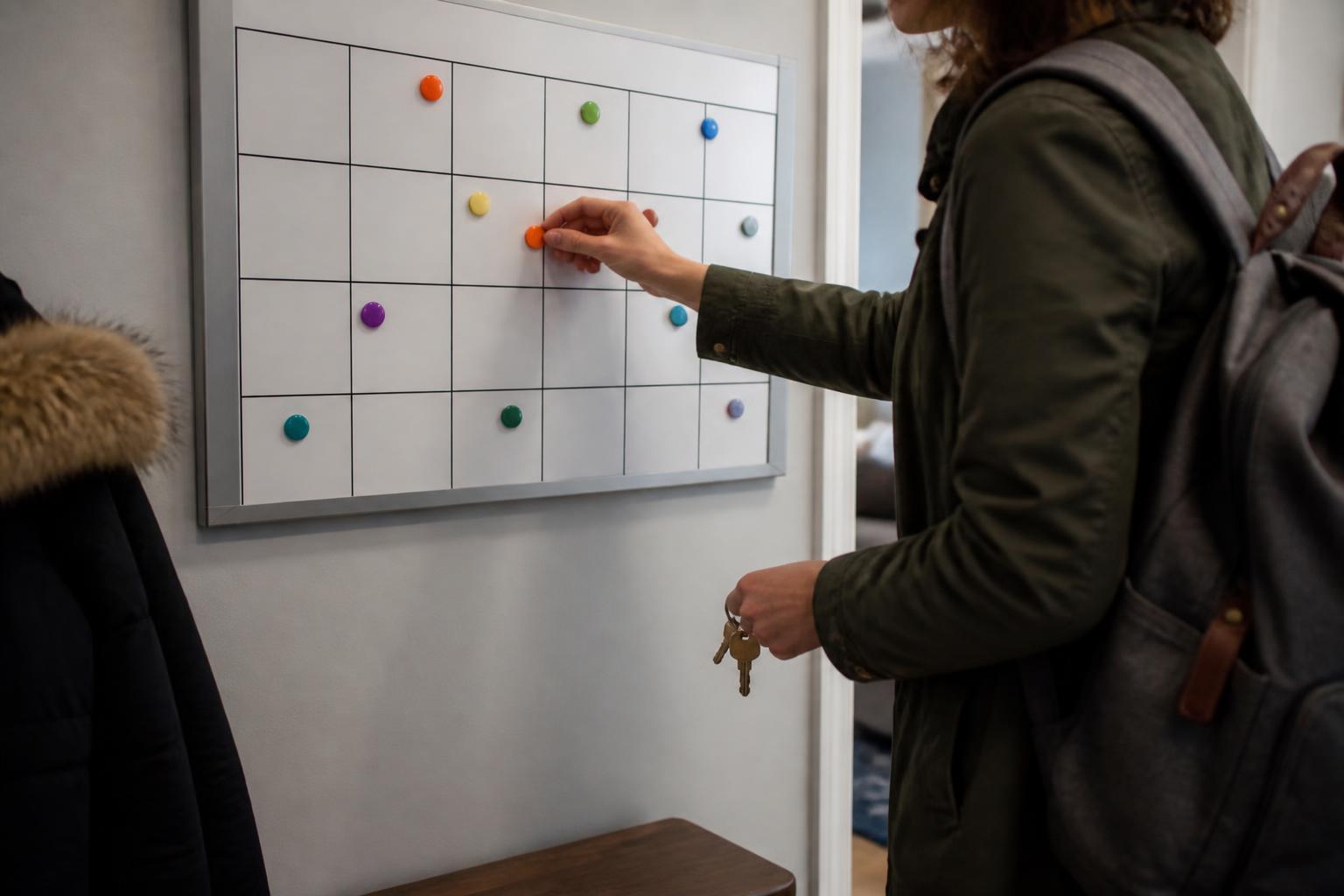 A person moving color dots on a blank hallway planning board.