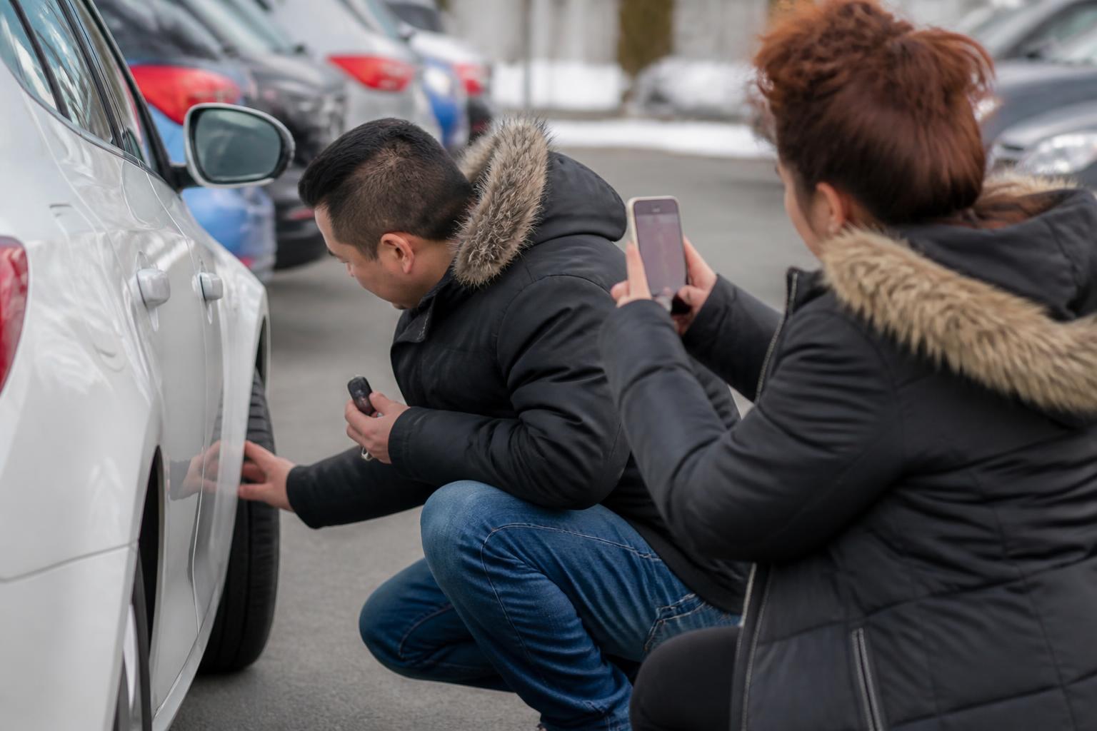 A buyer inspecting tire wear at a used-car lot.