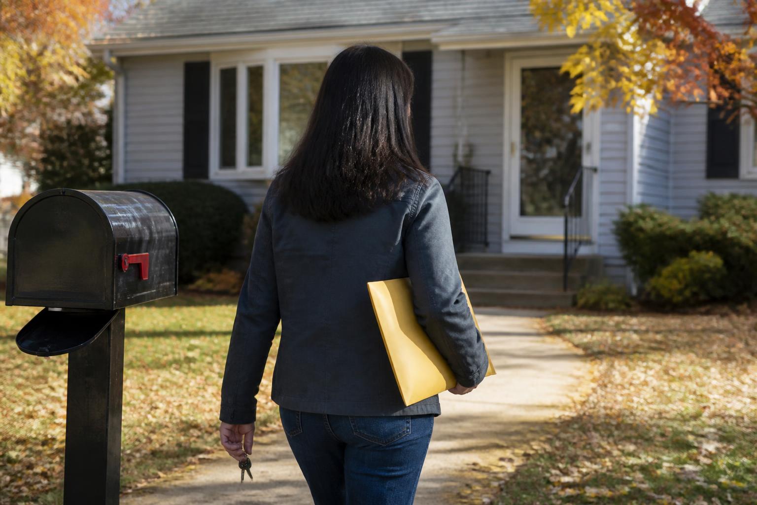 A homeowner walking from a mailbox with a sealed mortgage envelope.