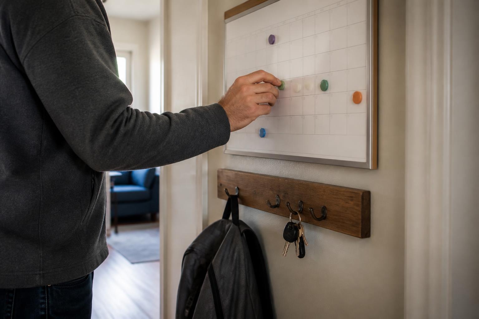 A borrower moving a blank magnet on an apartment hallway calendar.