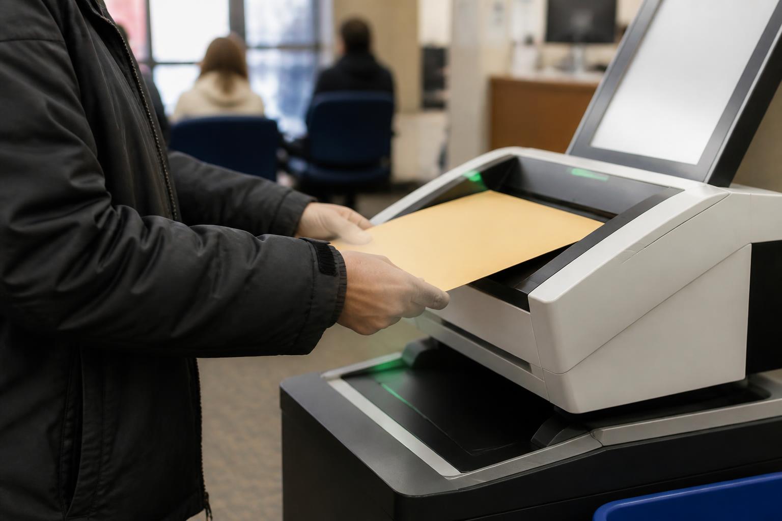 A taxpayer scanning sealed records at a tax office lobby station.