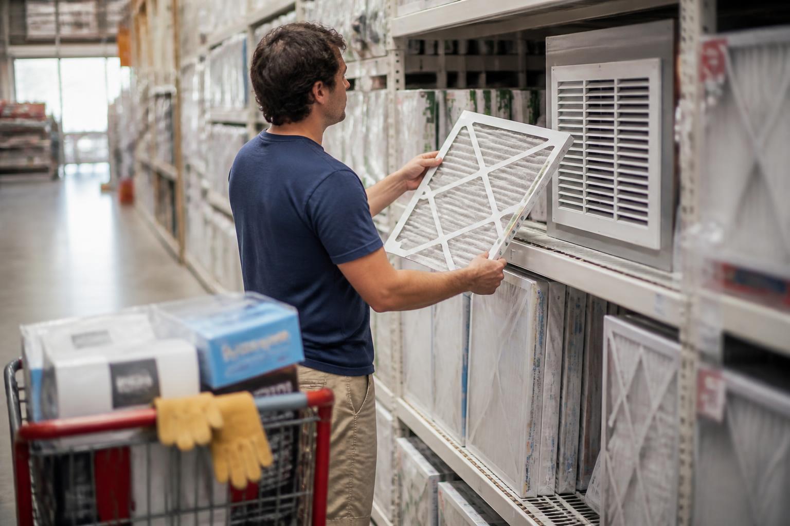 A homeowner comparing an air filter in a hardware store aisle.