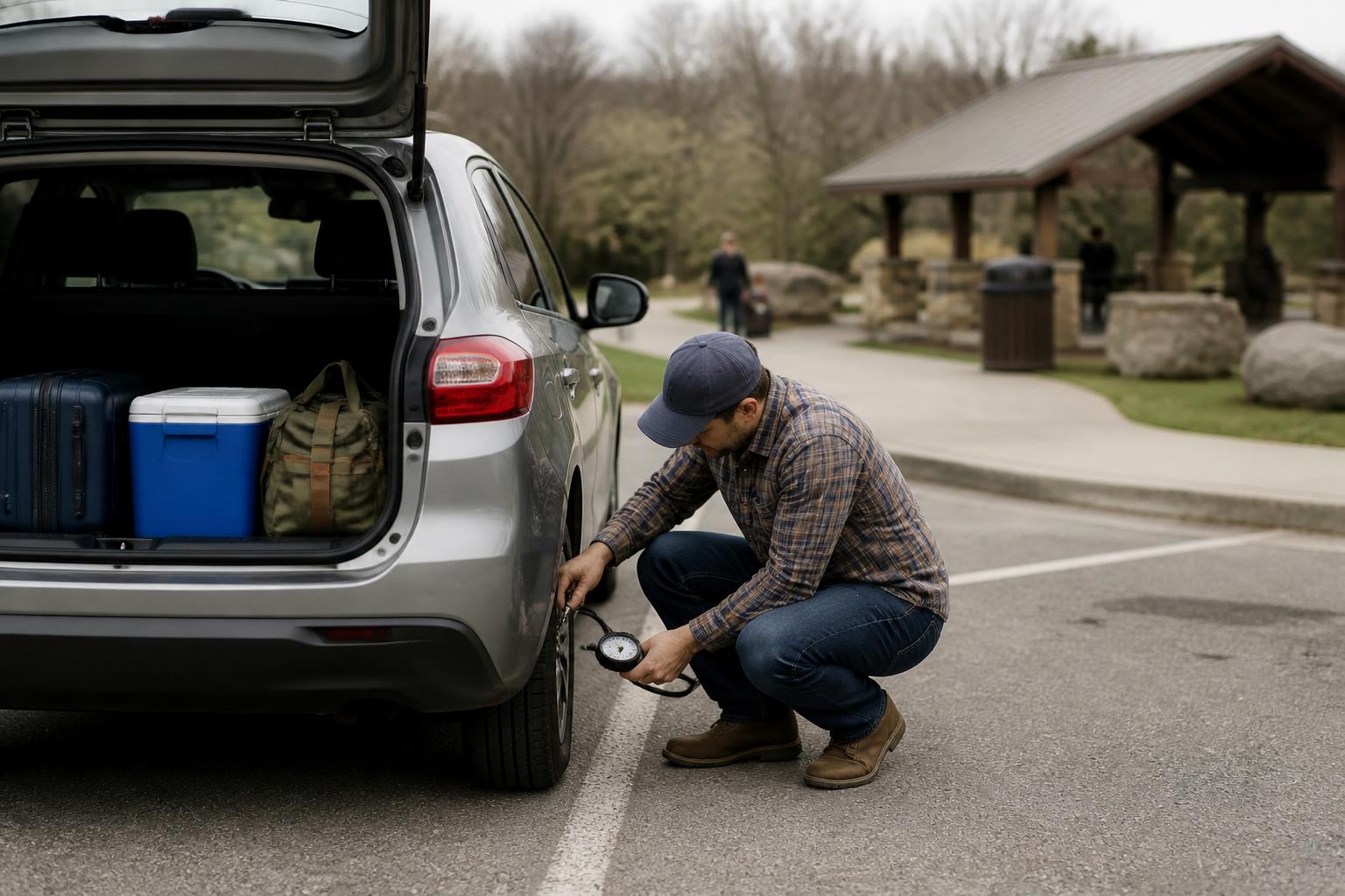A traveler checking tire pressure while packing for a road trip.