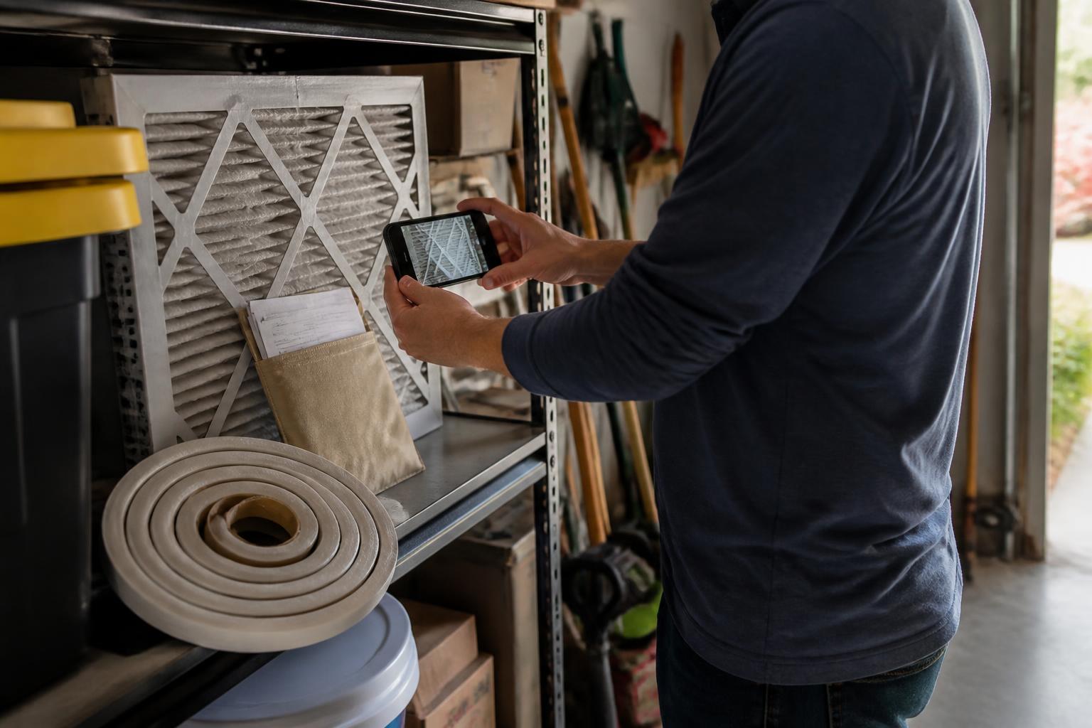 A homeowner photographing energy-saving supplies on a garage shelf.