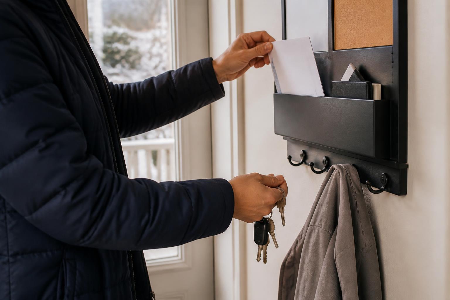 A person organizing sealed mail in a home entryway.