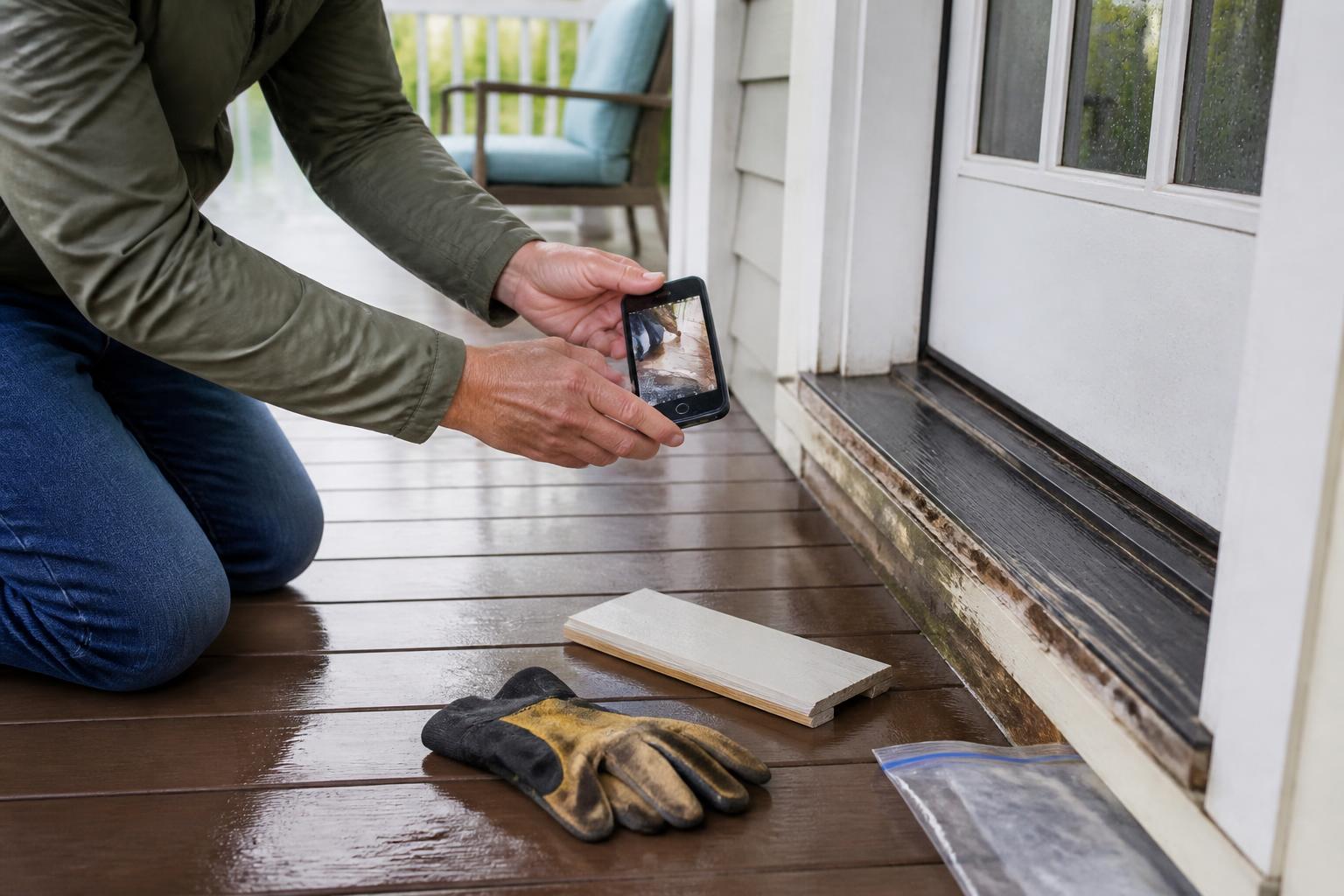 A homeowner photographing a porch threshold after heavy rain.