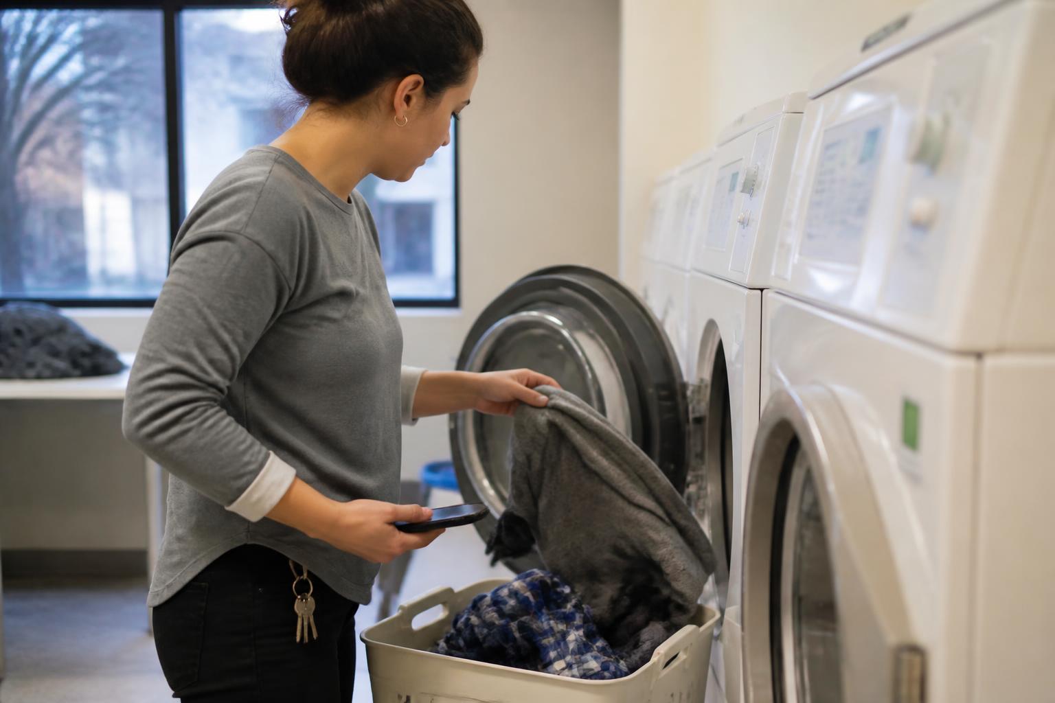 A renter loading laundry while managing a cash-flow errand.