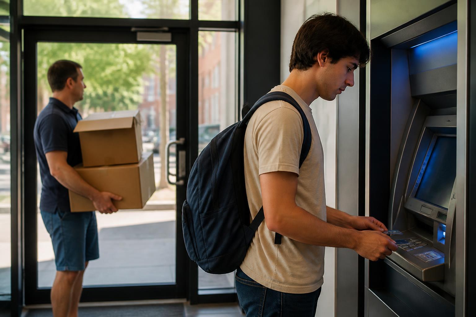 A student using a campus-area ATM while preparing for move-in.