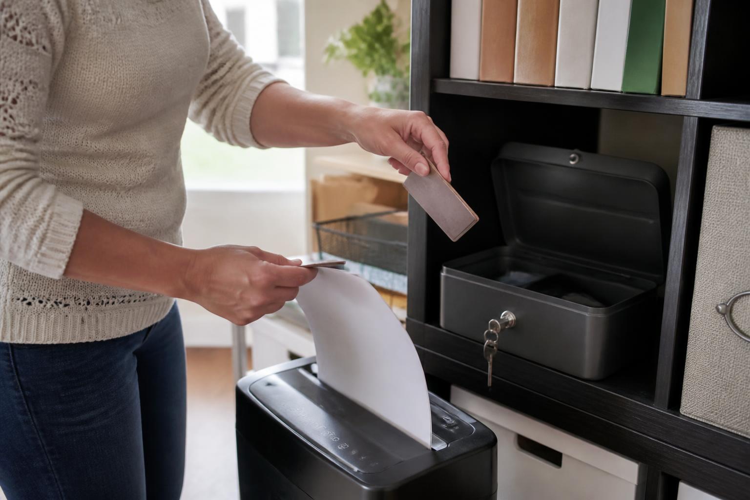 A person shredding old mail beside a small lockbox.