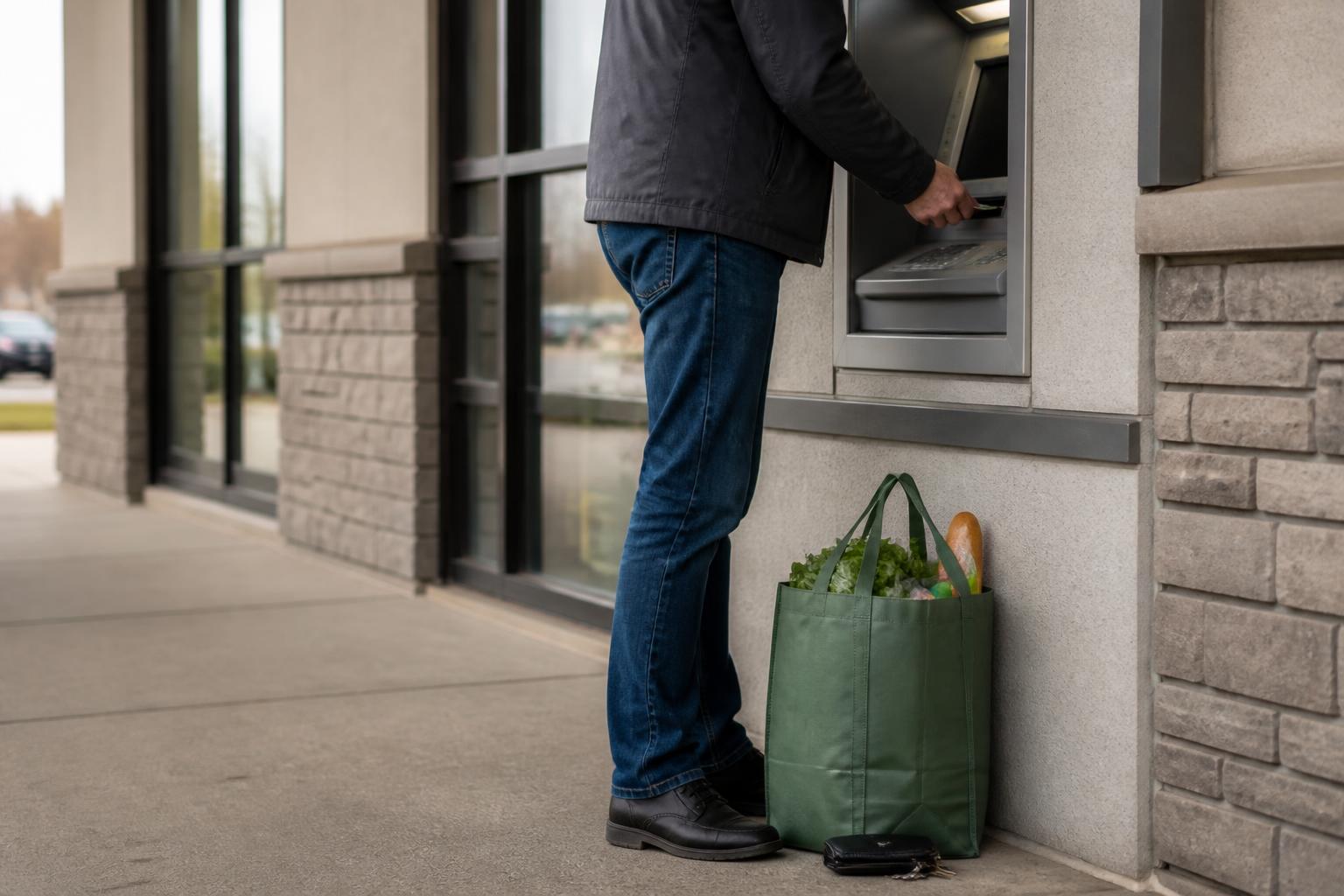 A customer using an exterior ATM while running errands.