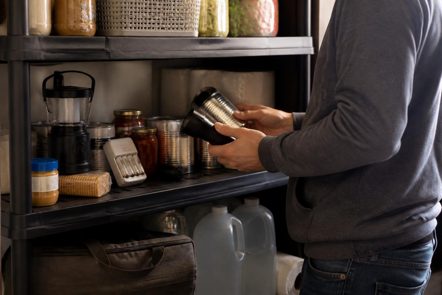 A person restocking a pantry shelf while checking emergency supplies.