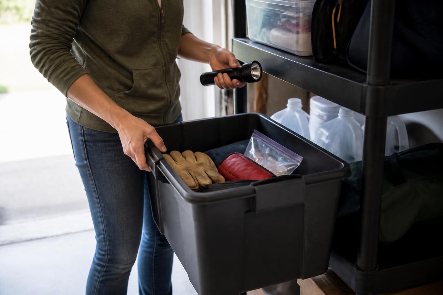 A homeowner packing a waterproof storm-prep bin.
