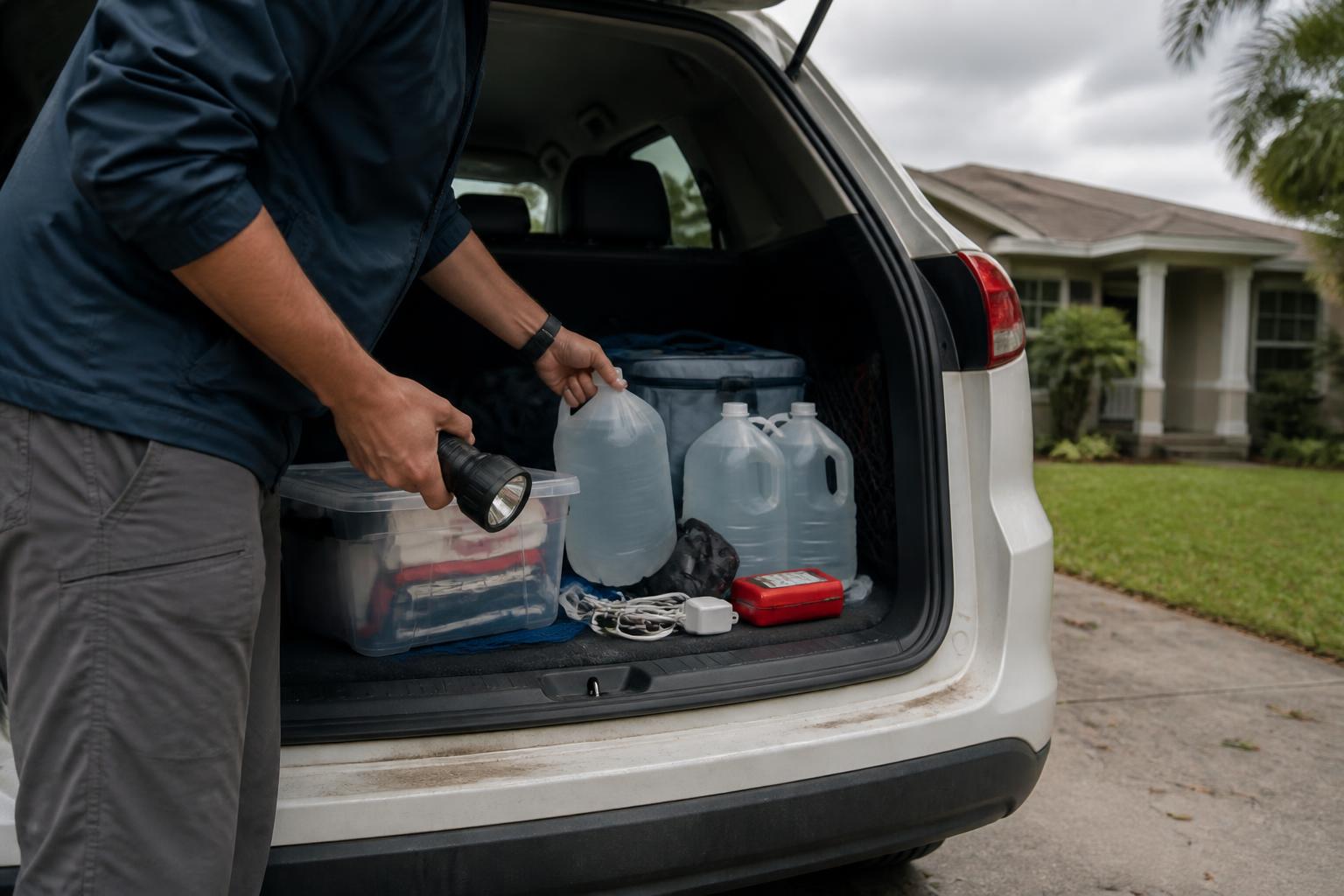 A household member packing storm supplies into a car trunk.