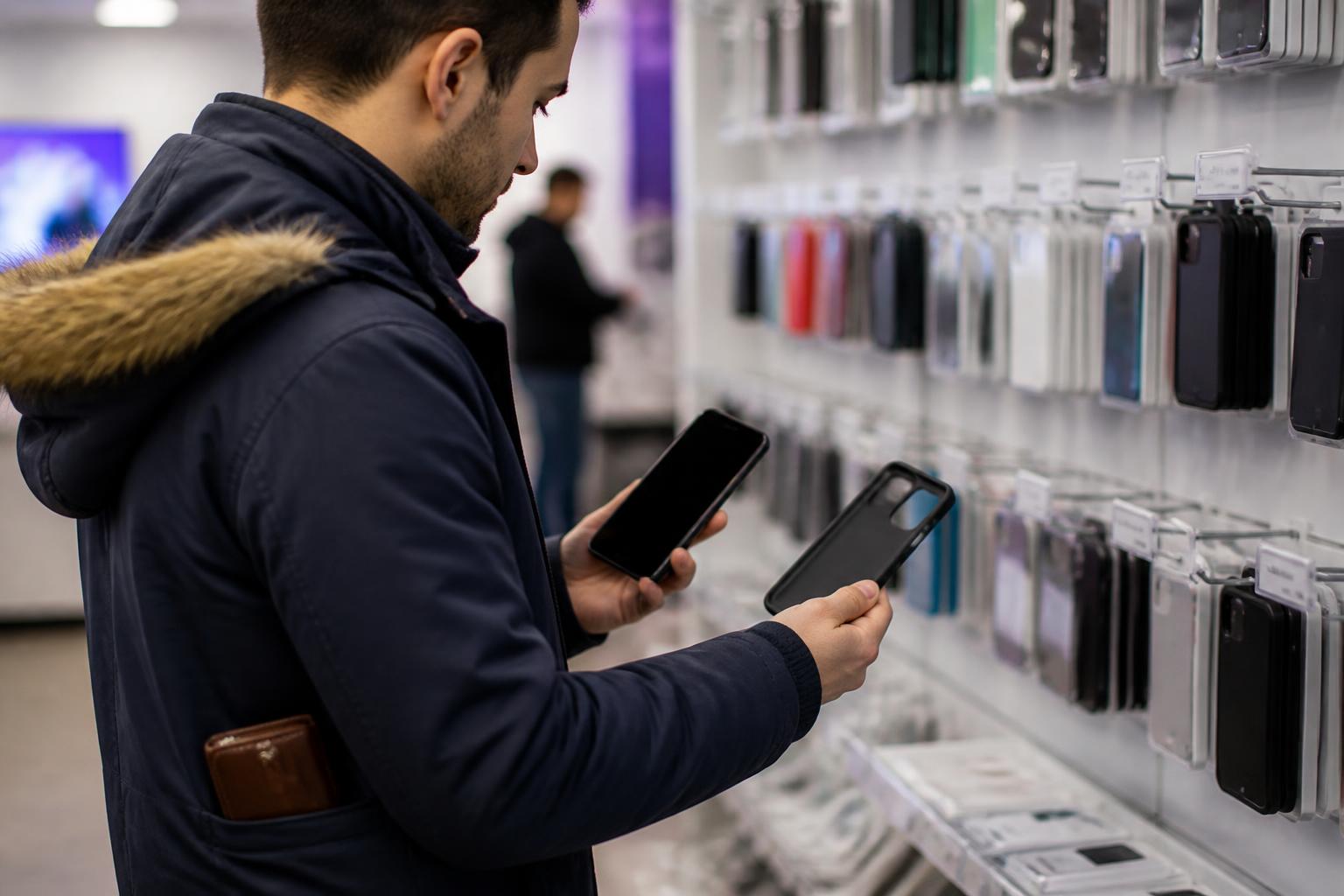 A customer inspecting a phone case in a wireless-service area.