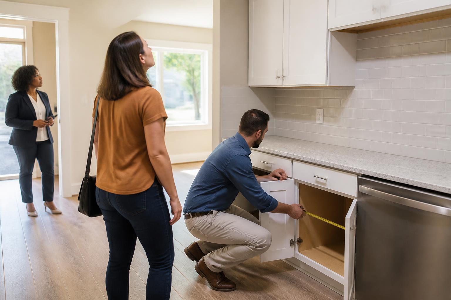 Homebuyers measuring cabinet space during an open-house visit.