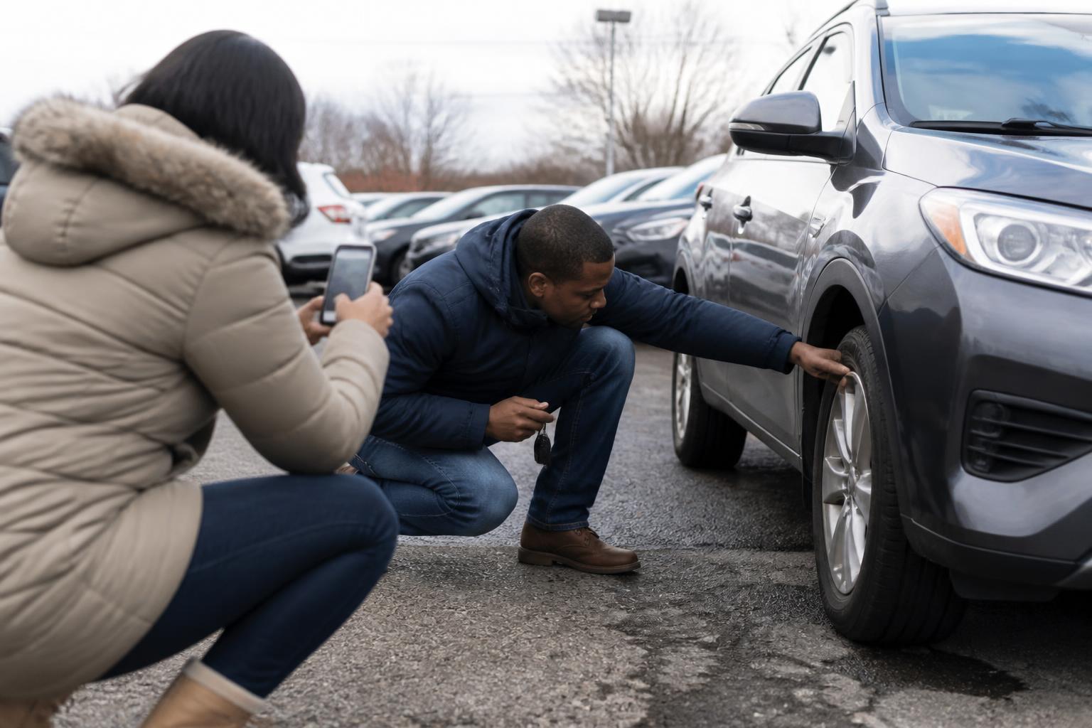 A buyer inspecting tire wear at a used-car lot.