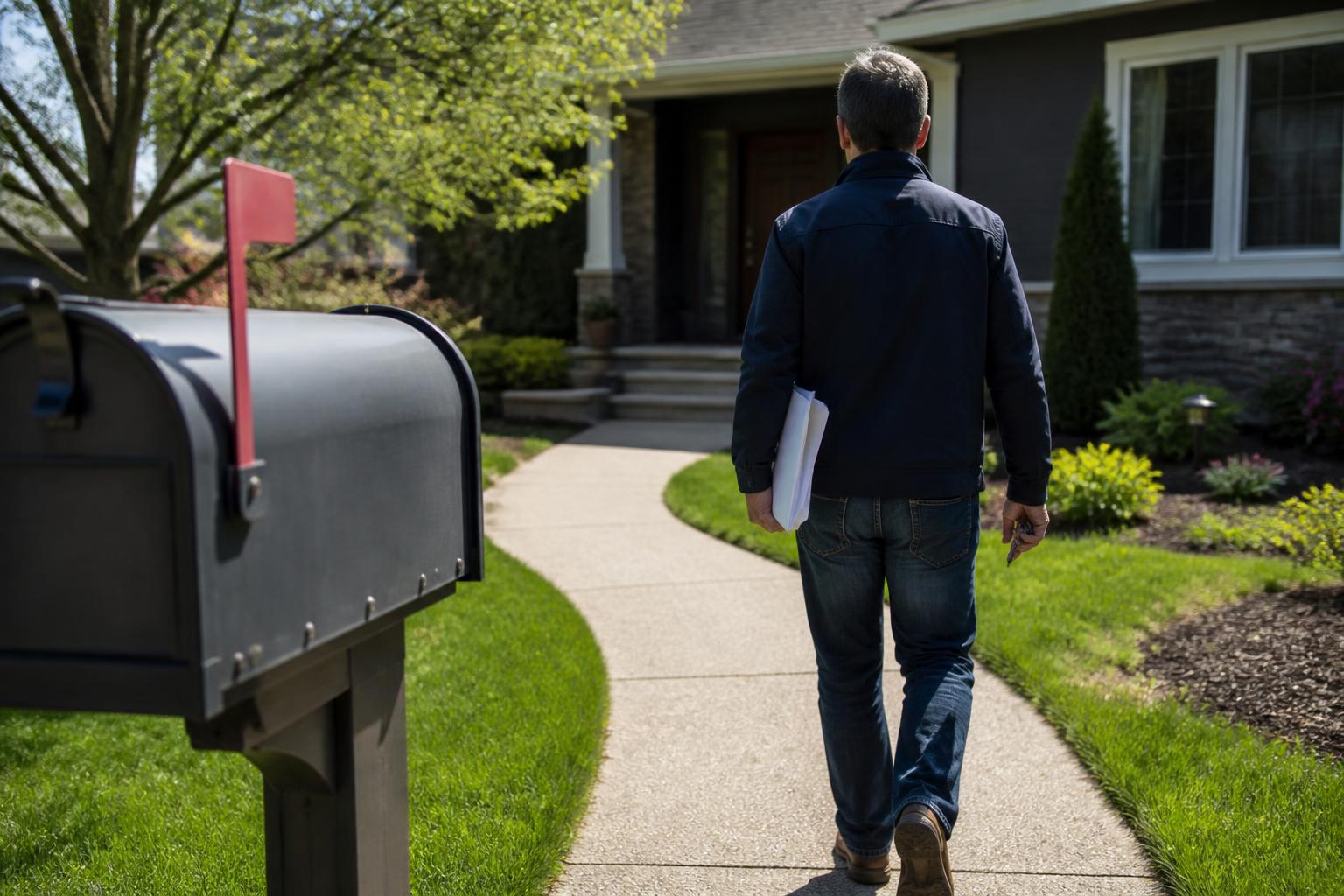 A homeowner walking from a mailbox with sealed refinance mail.