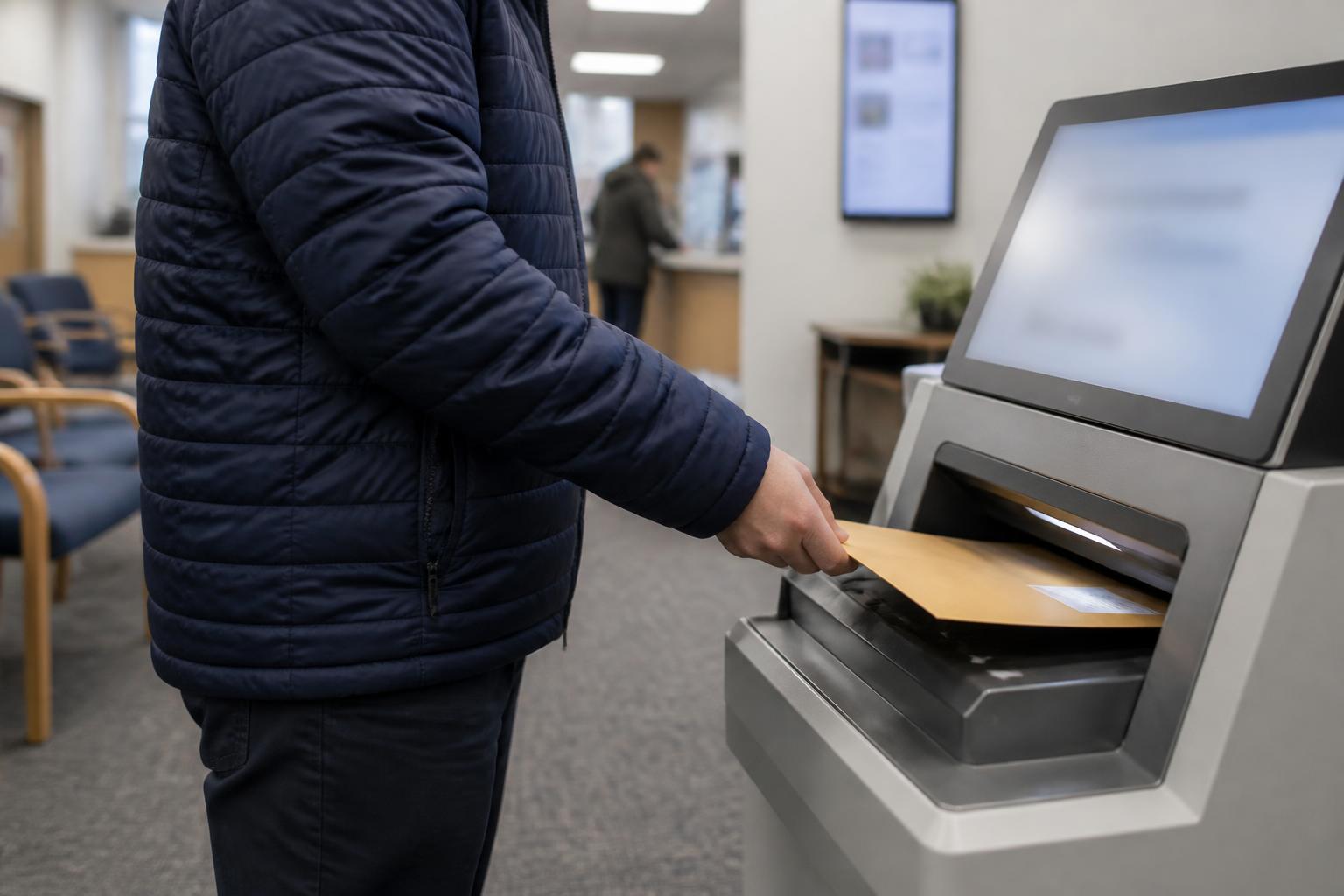 A taxpayer scanning sealed tax records in a tax office lobby.