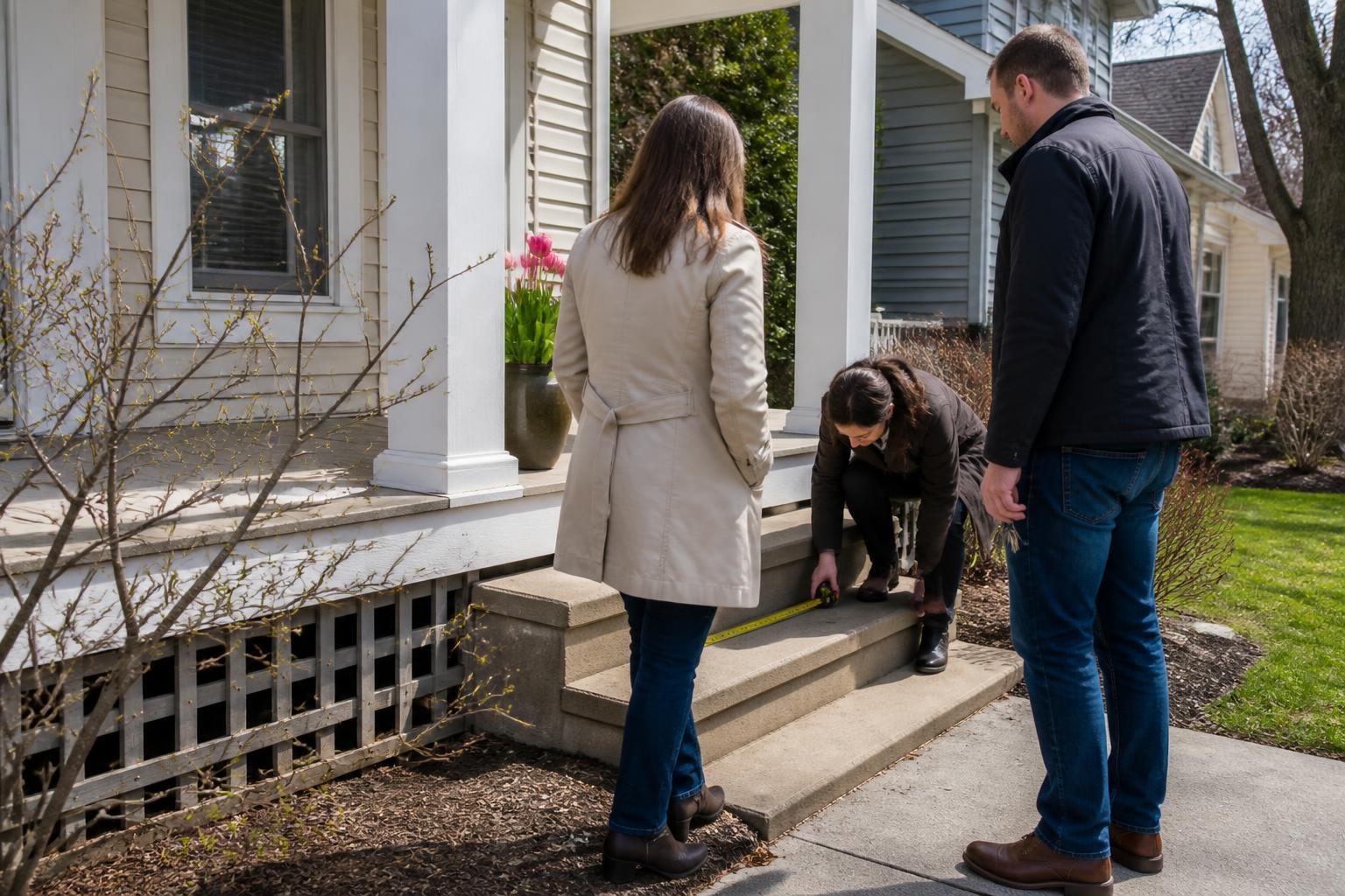 Homebuyers measuring a porch step before a mortgage decision.