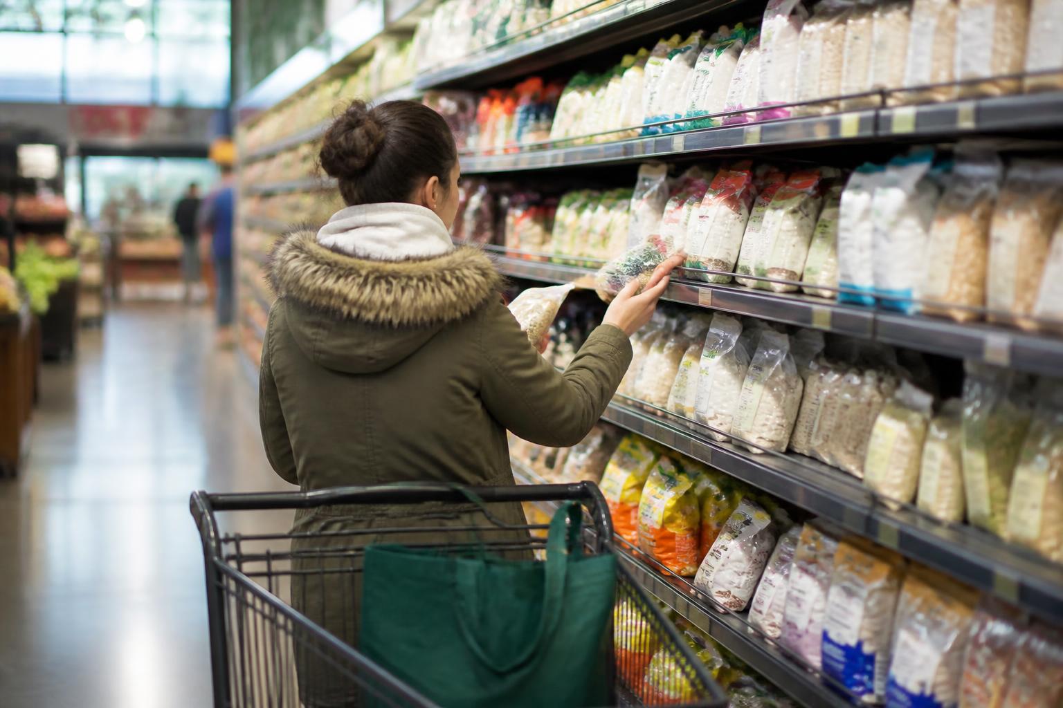 A shopper comparing pantry staples in a supermarket aisle.