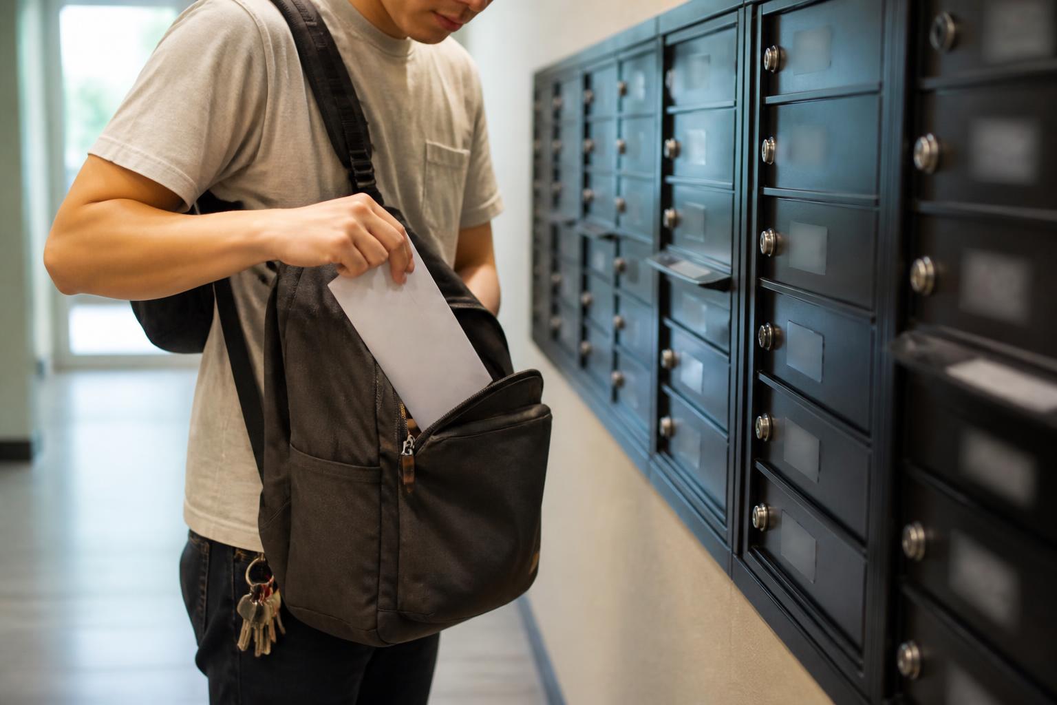 A borrower checking apartment mail before student loan repayment restarts.