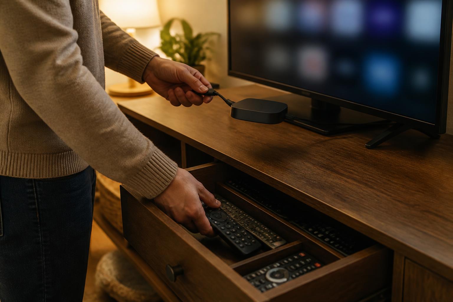 A person unplugging a streaming device during a subscription review.