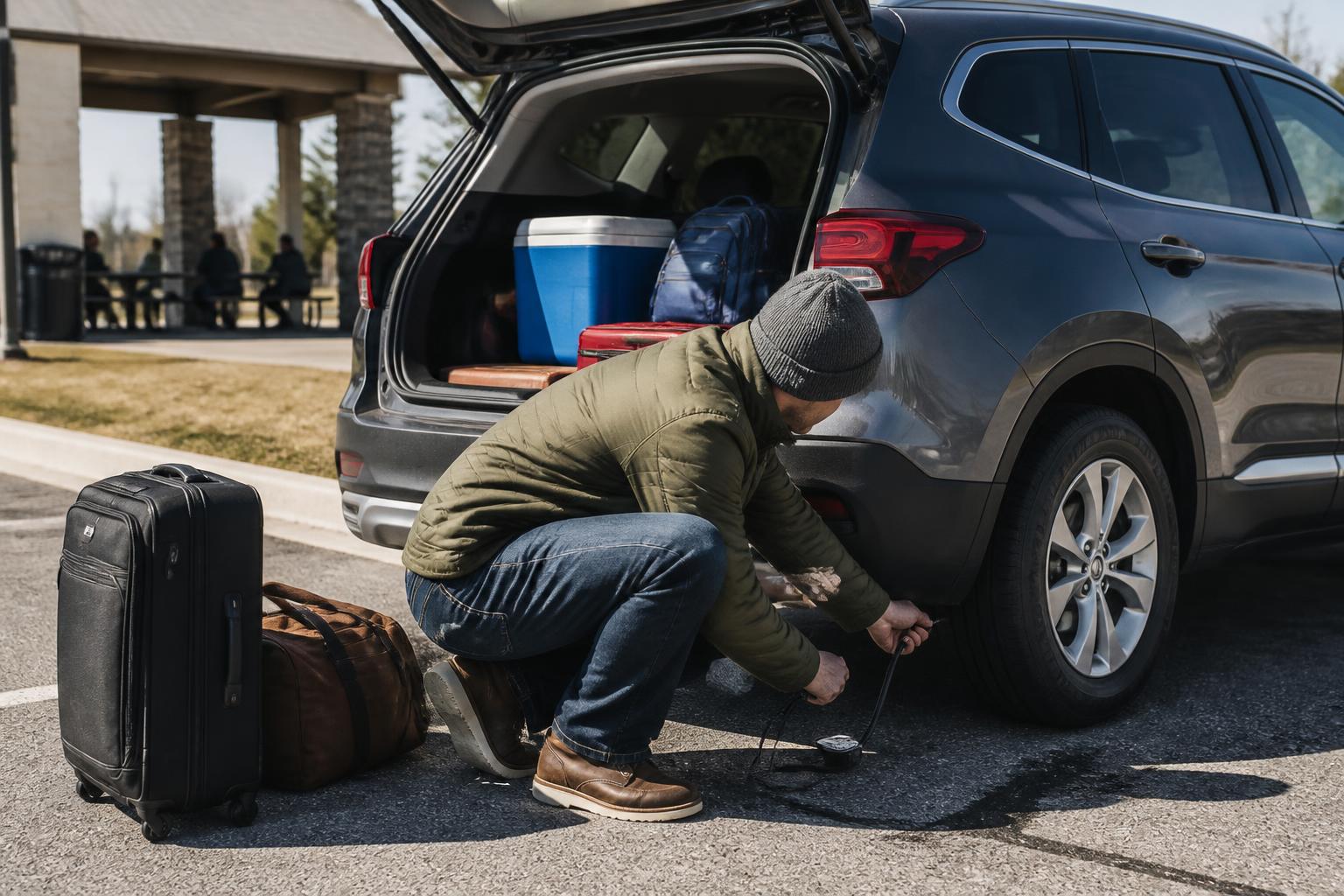 A traveler checking tire pressure while packing for a road trip.