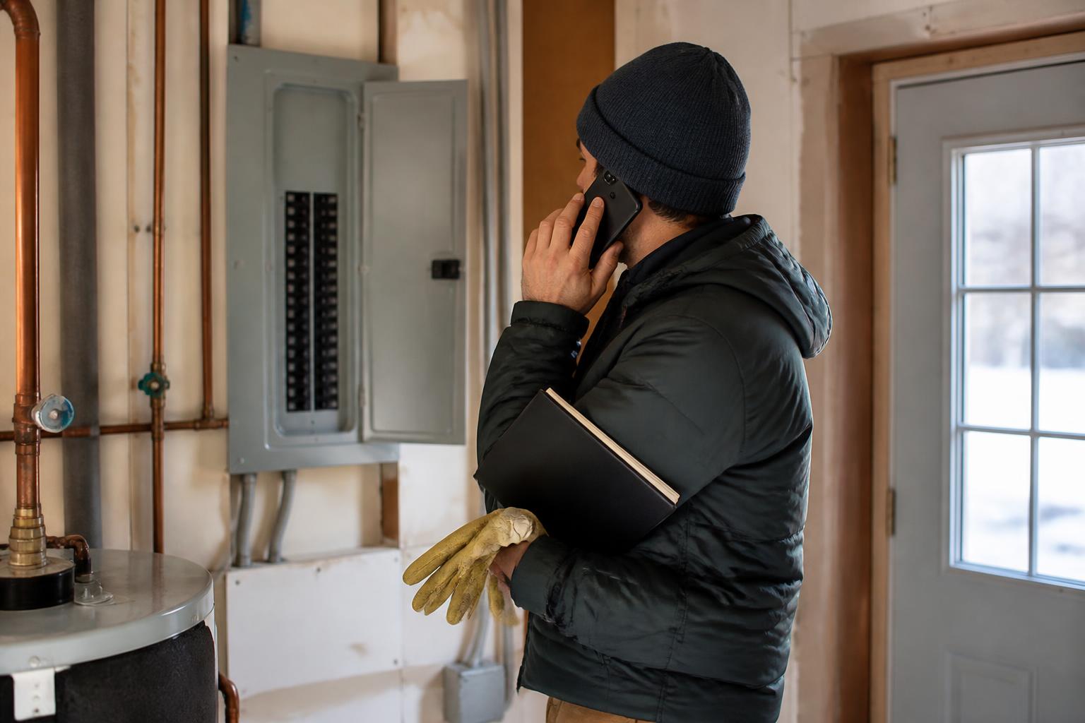 A homeowner calling a service provider from a utility room.