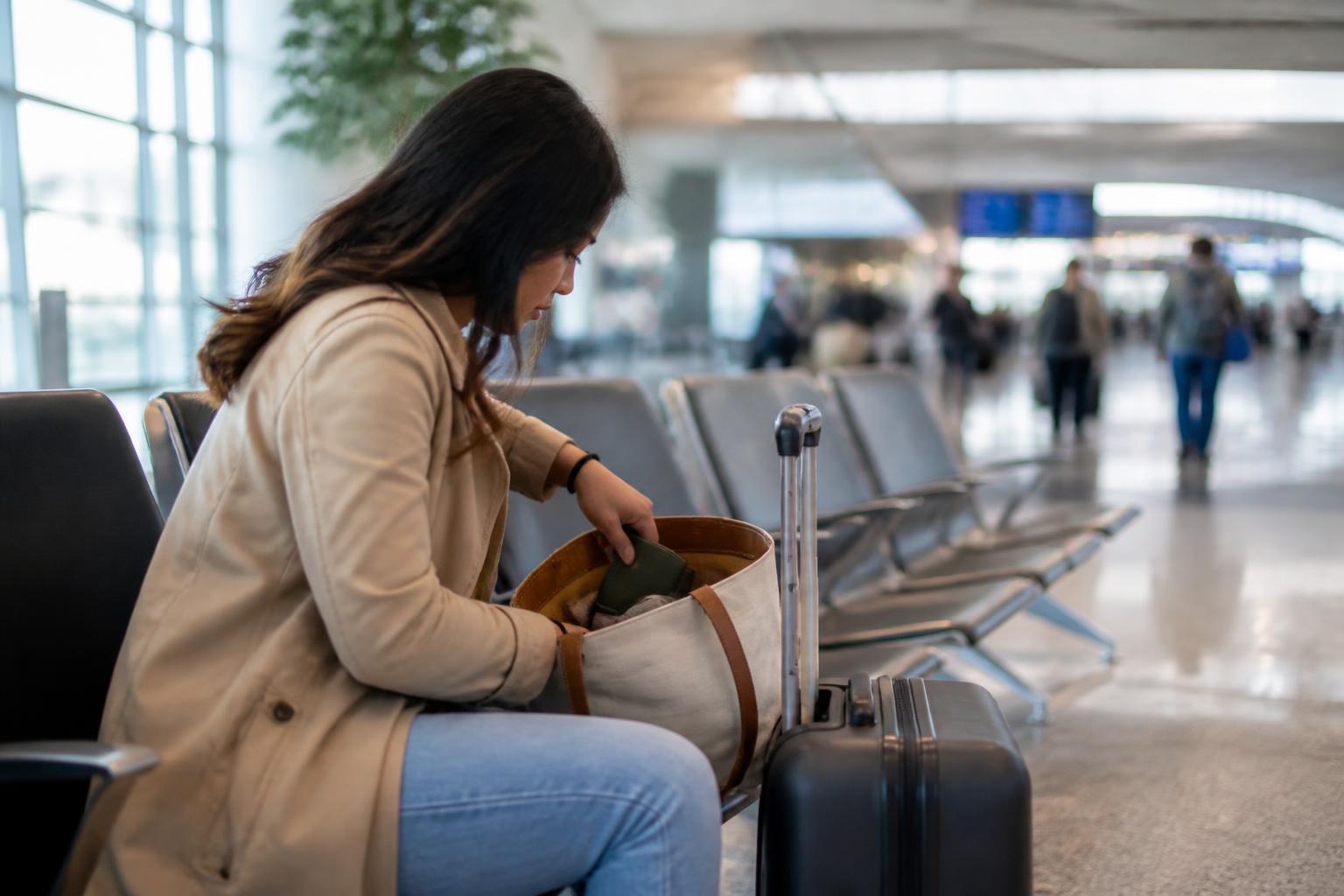 A traveler repacking a carry-on in an airport terminal.