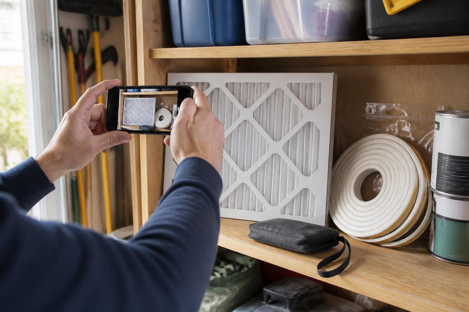 A homeowner photographing energy-saving supplies on a garage shelf.