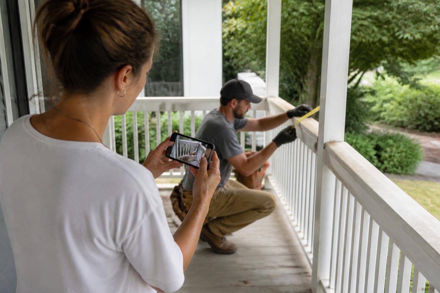 A homeowner photographing a porch railing during claim documentation.