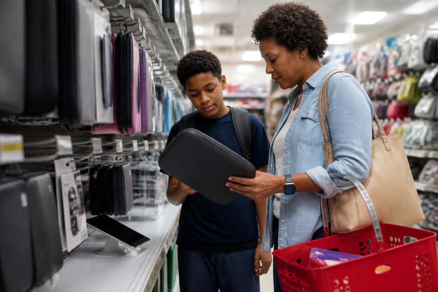 A parent and student comparing a laptop sleeve during back-to-school shopping.