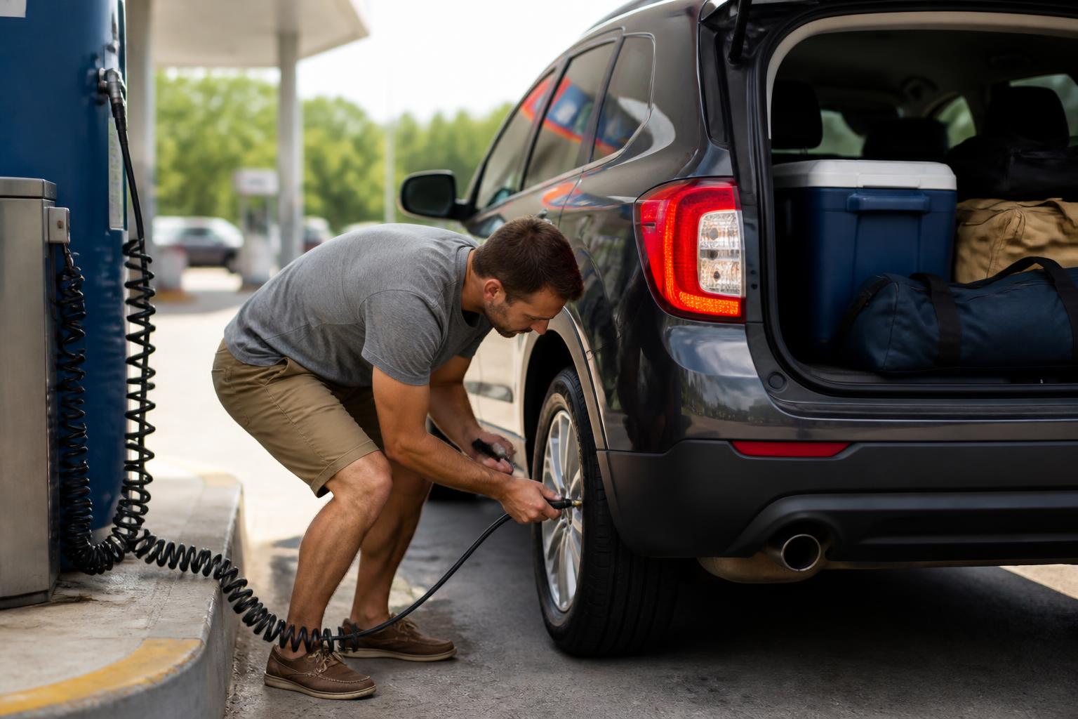 A traveler checking tire pressure while packing for a July road trip.