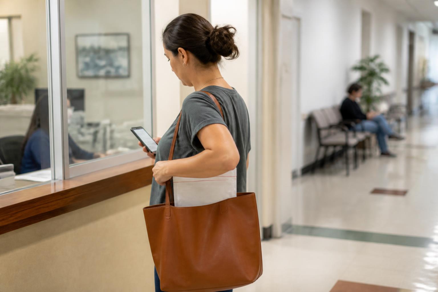 A patient leaving a clinic records window with medical billing documents secured.
