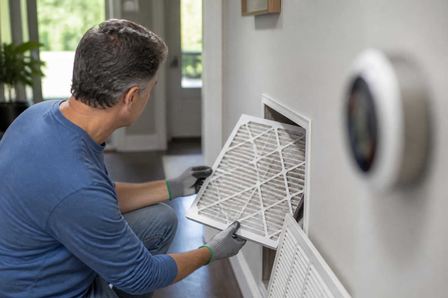A homeowner replacing an air filter during a utility review.