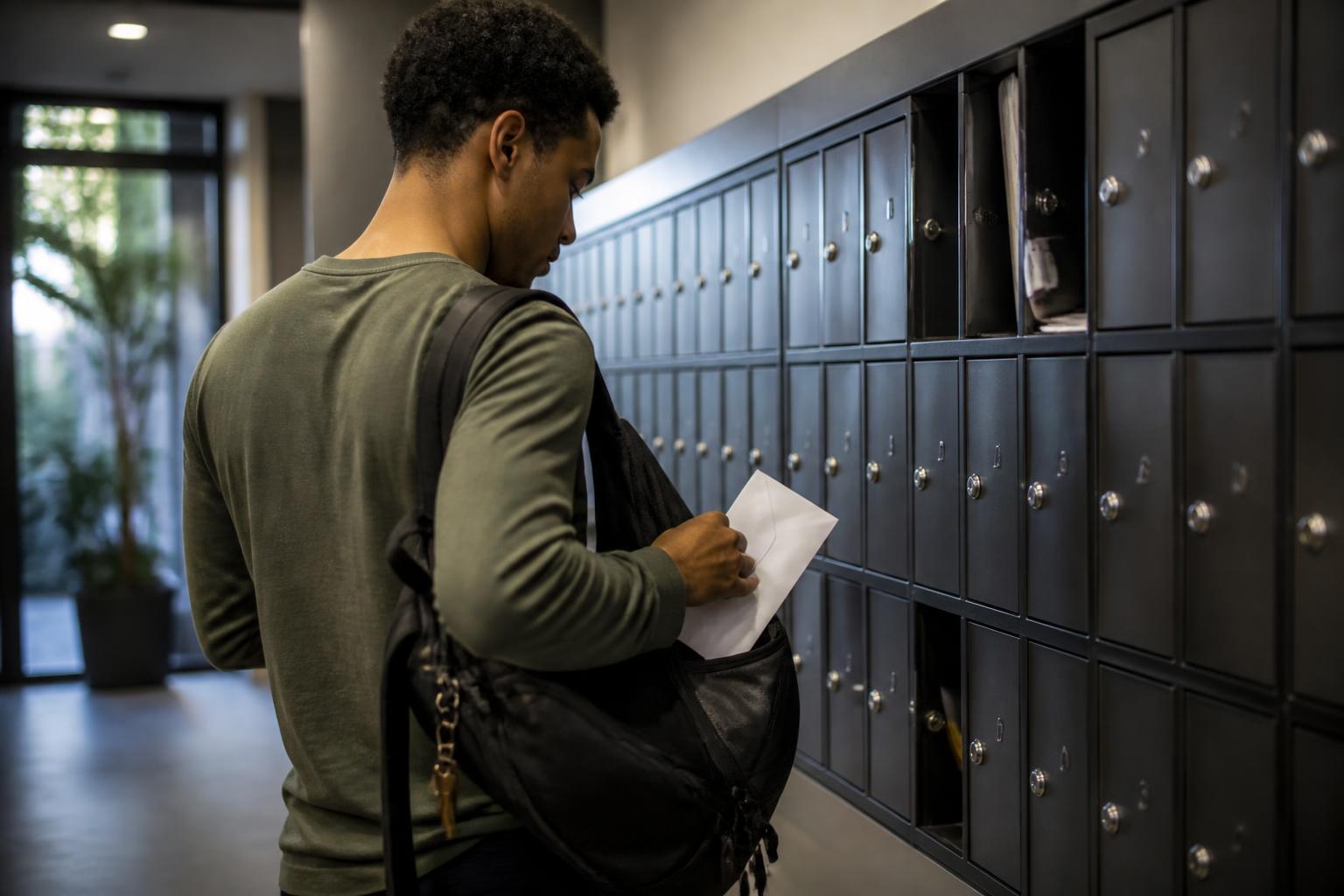A borrower checking apartment mail before a student loan payment.