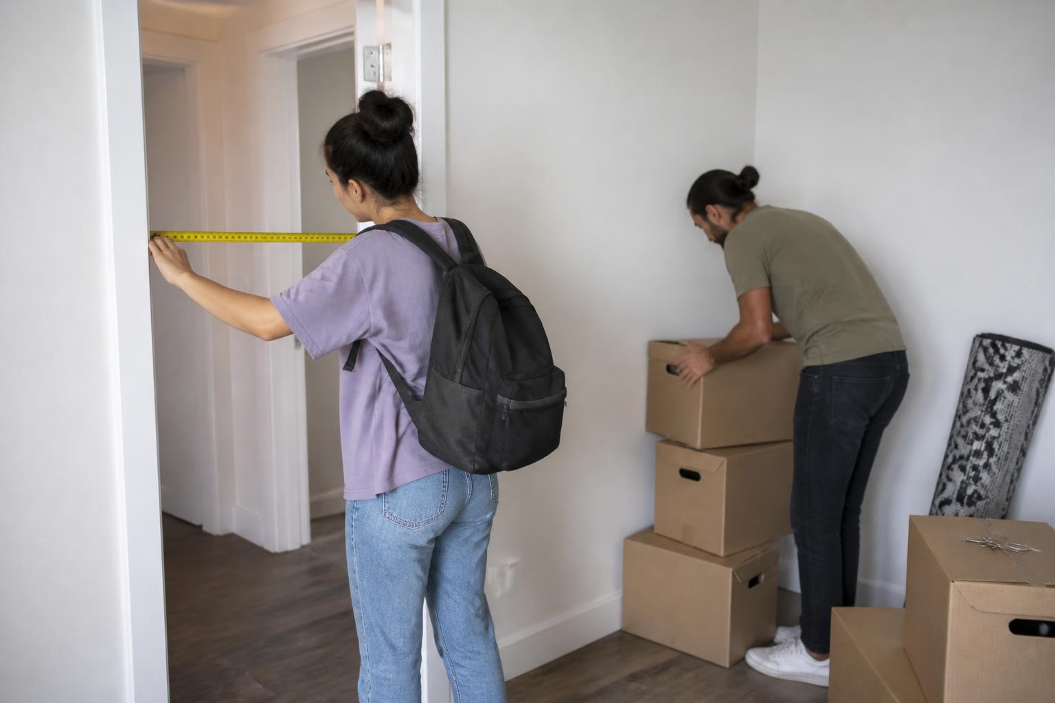 A renter measuring an apartment doorway during move-in planning.