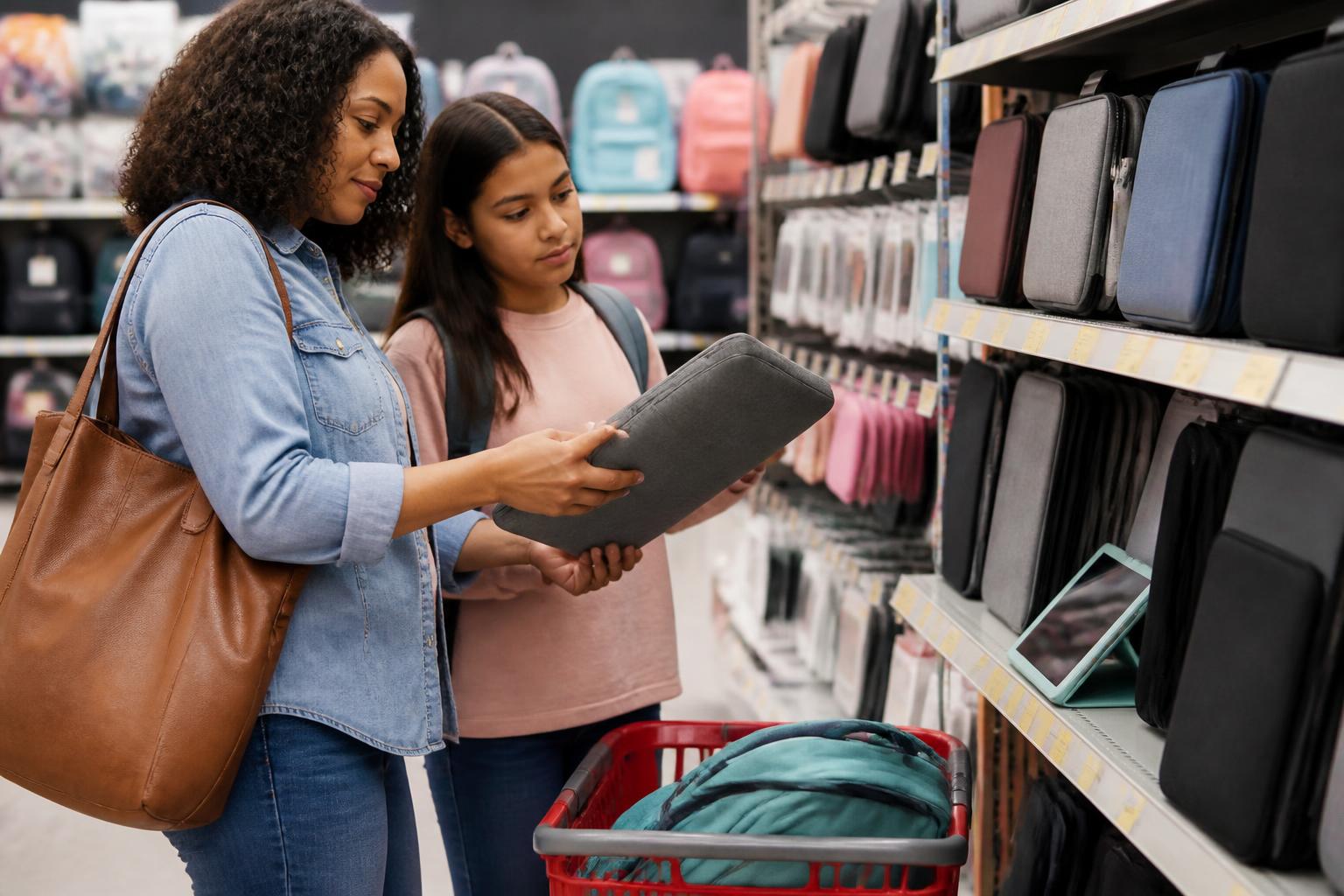 A parent and student comparing a laptop sleeve during back-to-school shopping.
