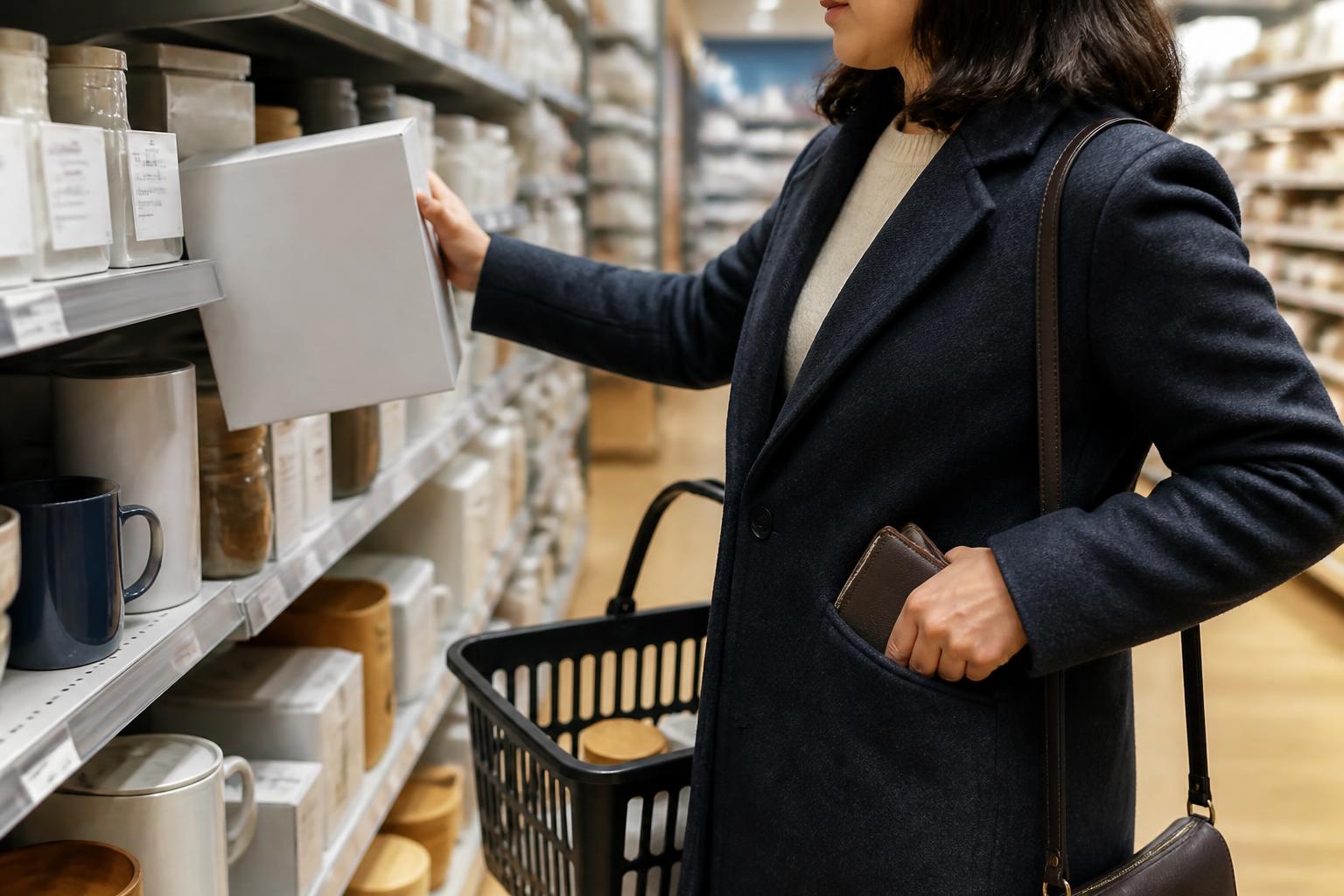 An adult returning an unbranded gift item to a store shelf.