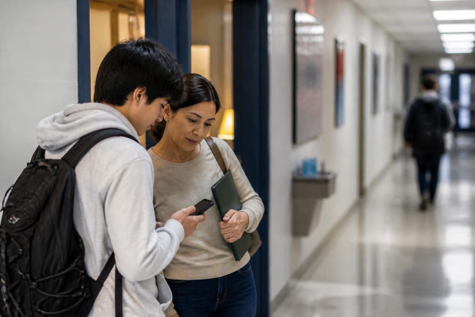 A student and parent checking login access outside a school counseling office.