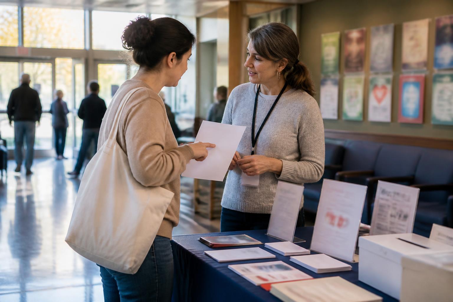 A donor speaking with a volunteer at a community center table.