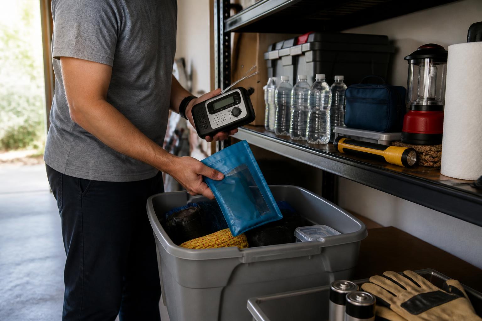 A homeowner packing a waterproof pouch into a storm-prep bin.