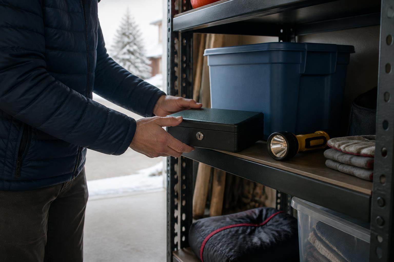 A homeowner placing a lockbox on an emergency shelf.
