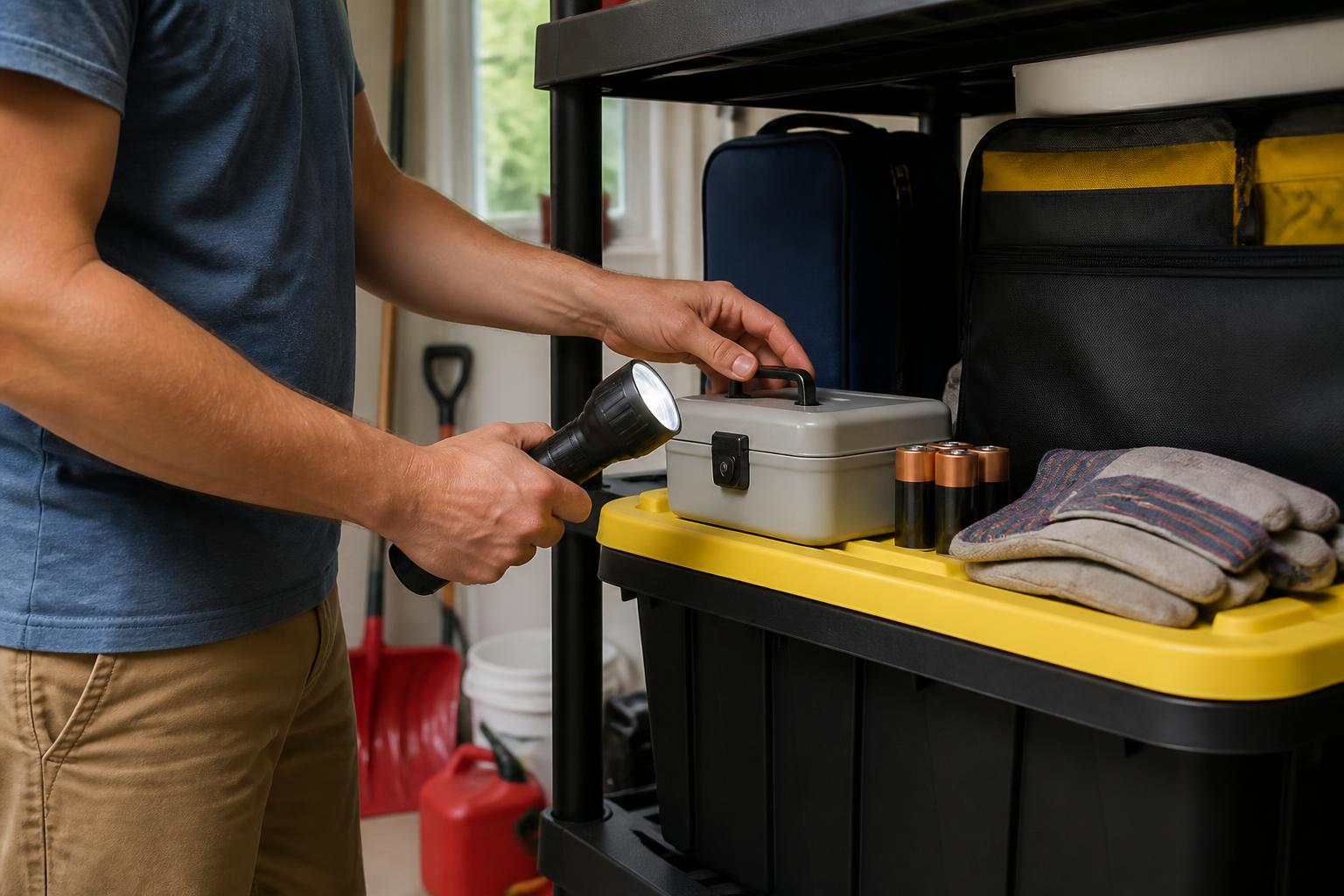 A homeowner testing a flashlight on a garage emergency shelf.