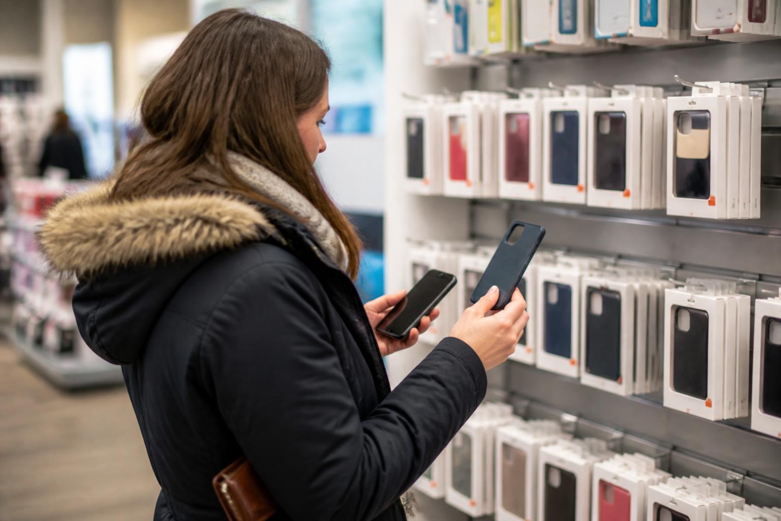 A customer inspecting a phone case in a wireless-service store.